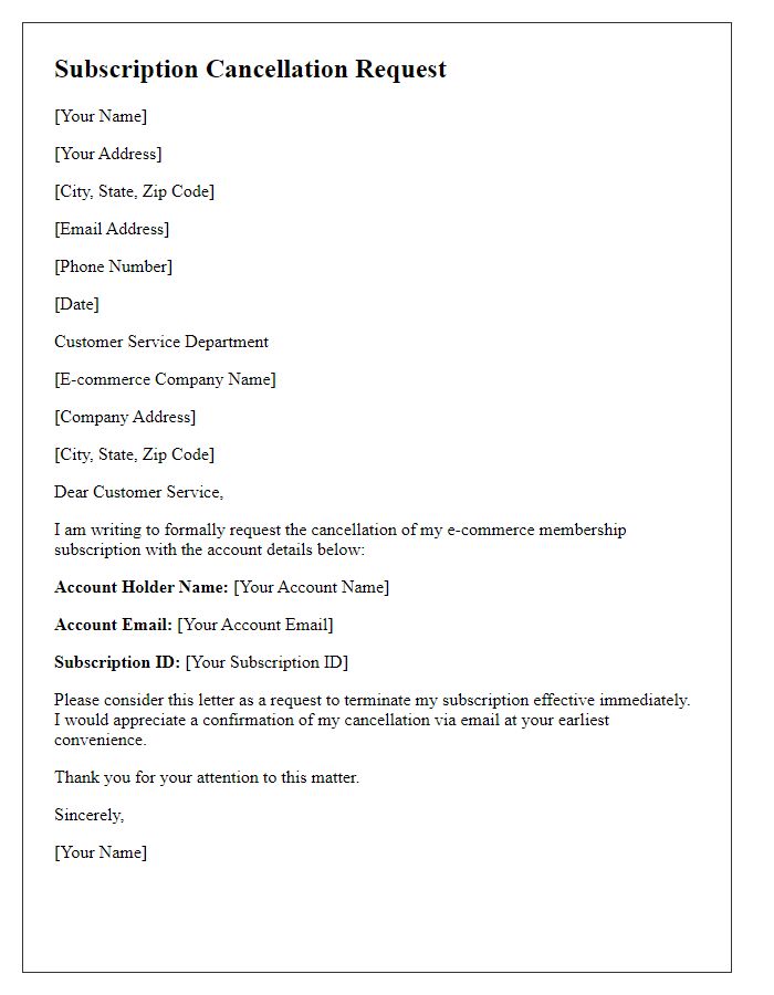 Letter template of subscription cancellation request for an e-commerce membership.