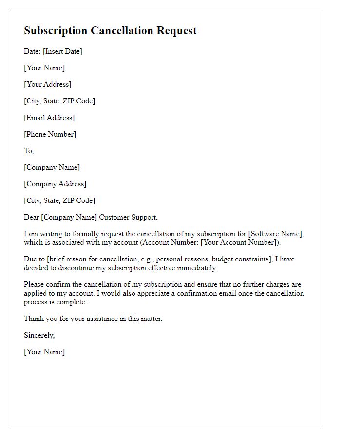 Letter template of subscription cancellation request for a software subscription.