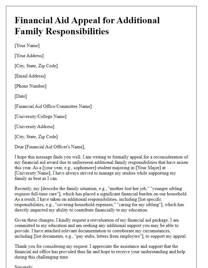 Letter template of financial aid appeal for additional family responsibilities