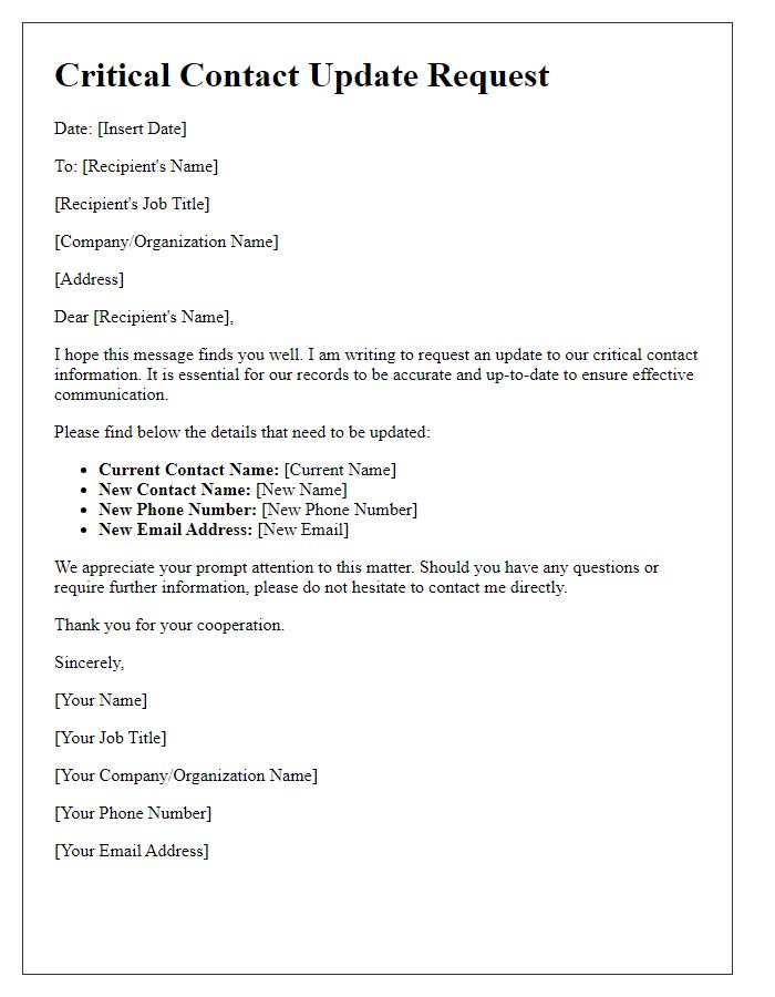 Letter template of critical contact update request