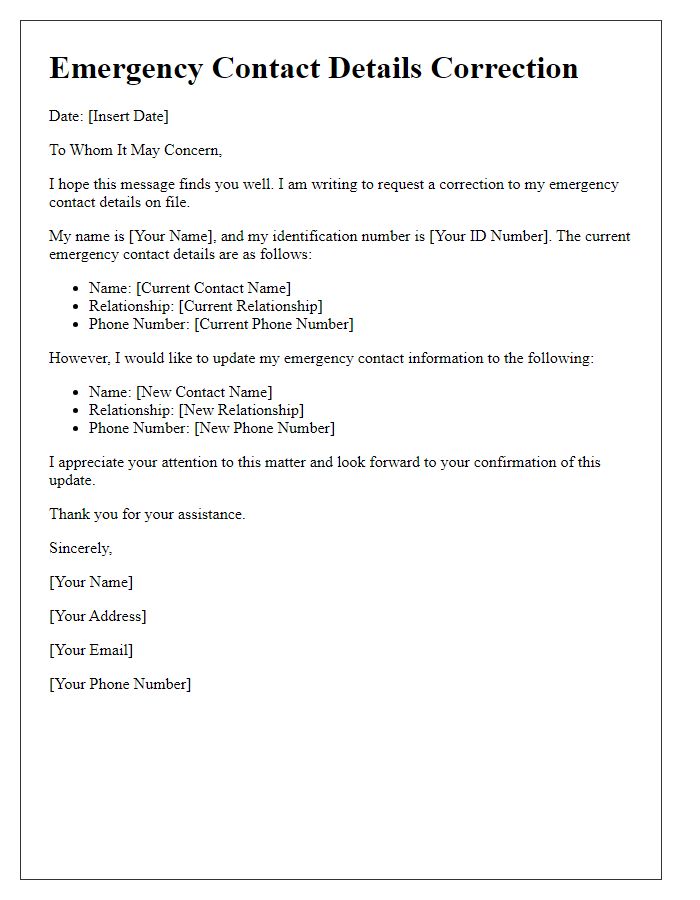 Letter template of emergency contact details correction