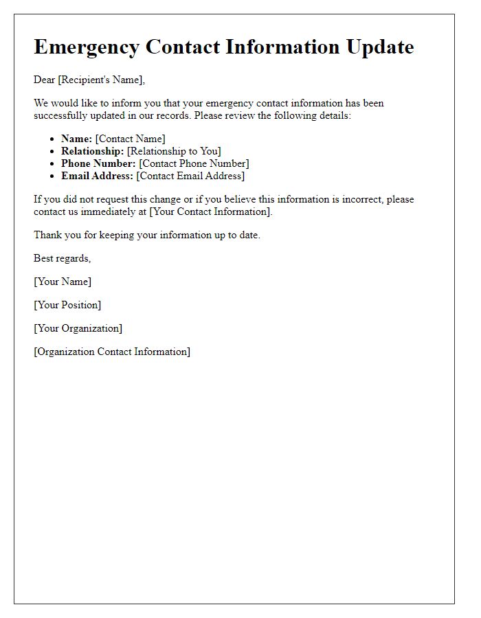 Letter template of emergency contact info update notification
