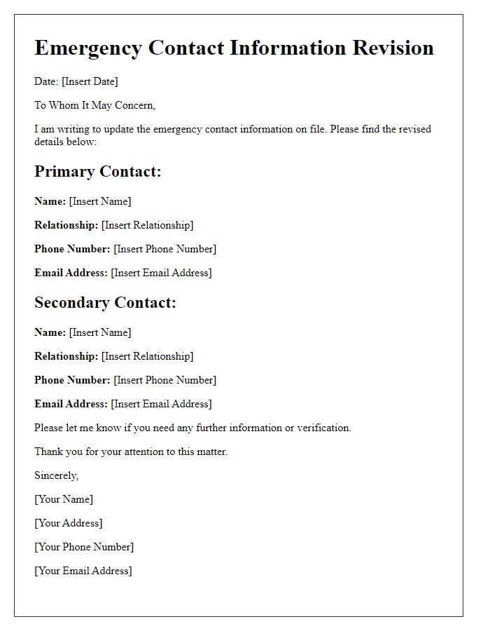 Letter template of emergency contact information revision