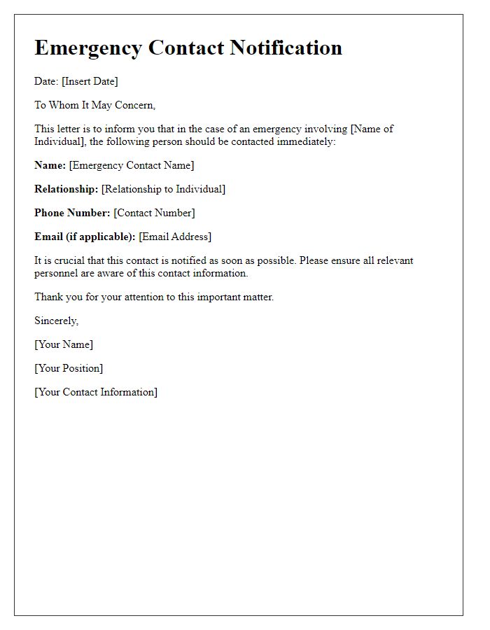 Letter template of immediate emergency contact notification