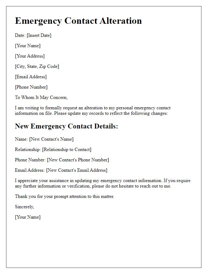 Letter template of personal emergency contact alteration