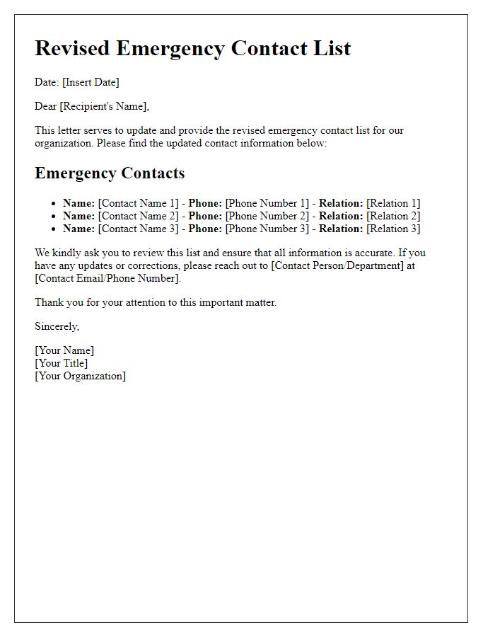 Letter template of revised emergency contact list