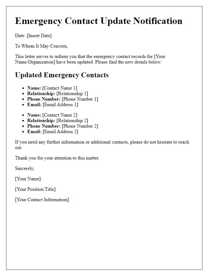 Letter template of updated emergency contact records