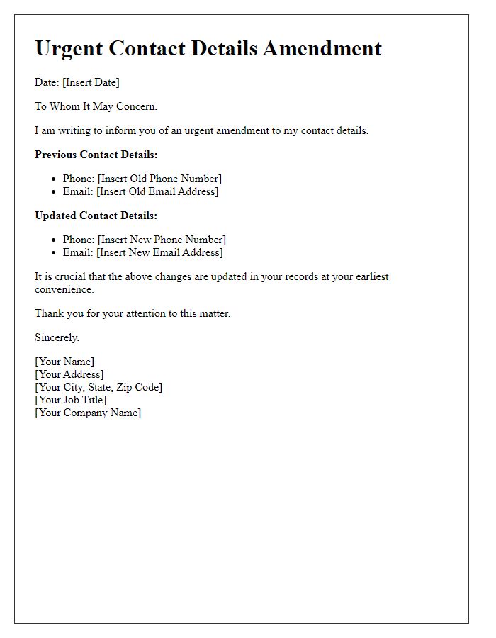 Letter template of urgent contact details amendment