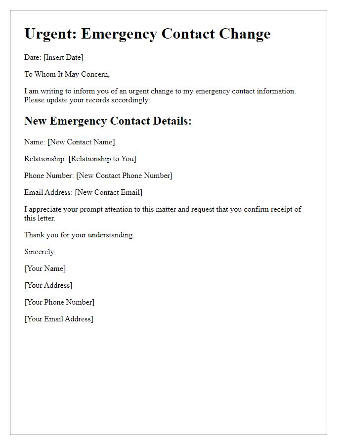 Letter template of urgent emergency contact change