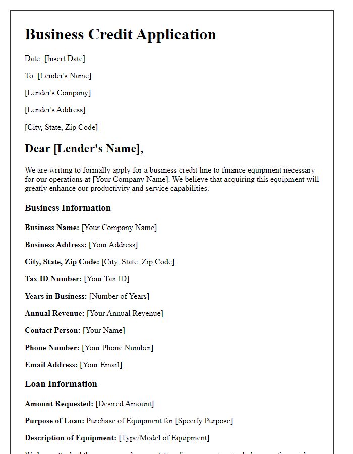 Letter template of business credit application for equipment financing