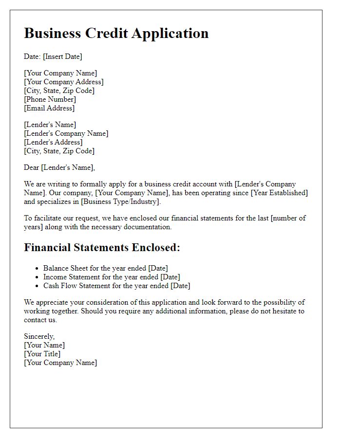 Letter template of business credit application with financial statements