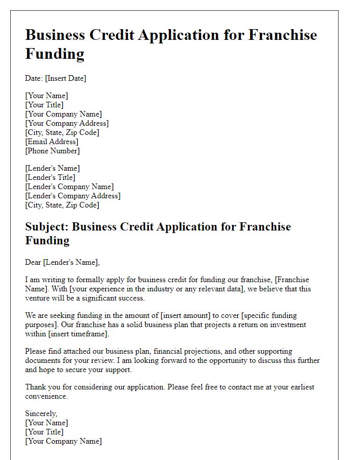 Letter template of business credit application for franchise funding