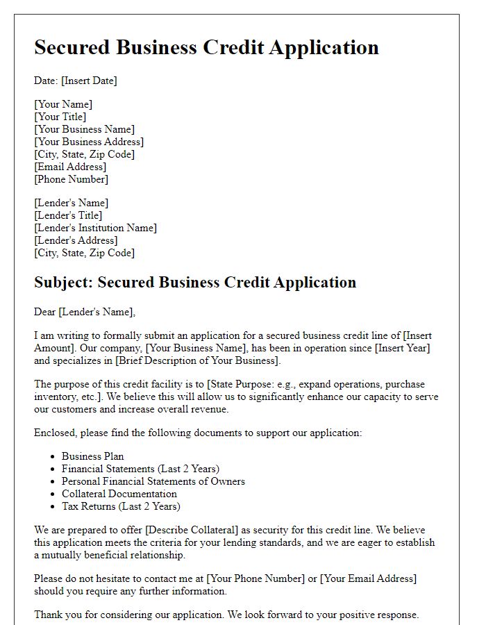 Letter template of secured business credit application