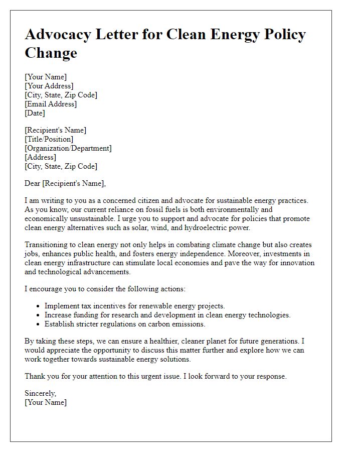 Letter template of advocacy for clean energy policy change