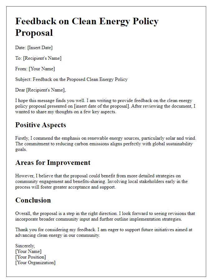 Letter template of feedback on clean energy policy proposal