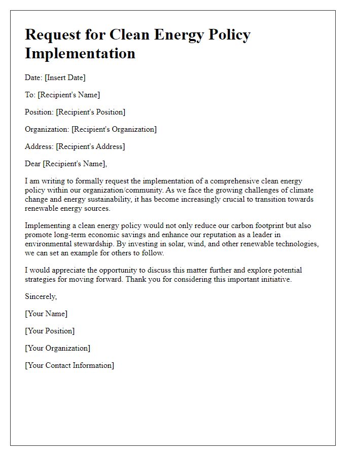 Letter template of request for clean energy policy implementation