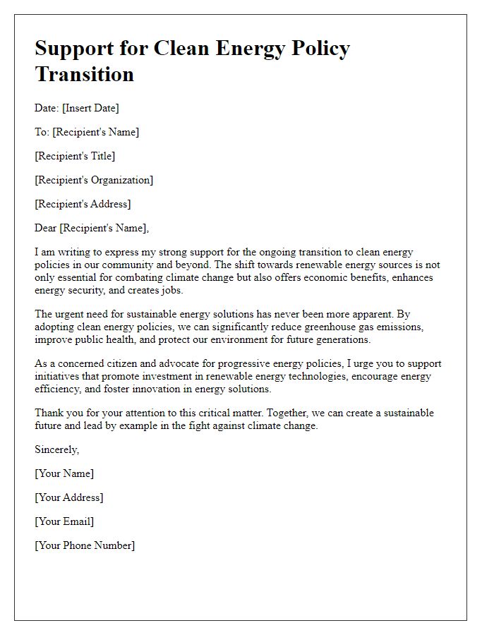 Letter template of support for clean energy policy transition