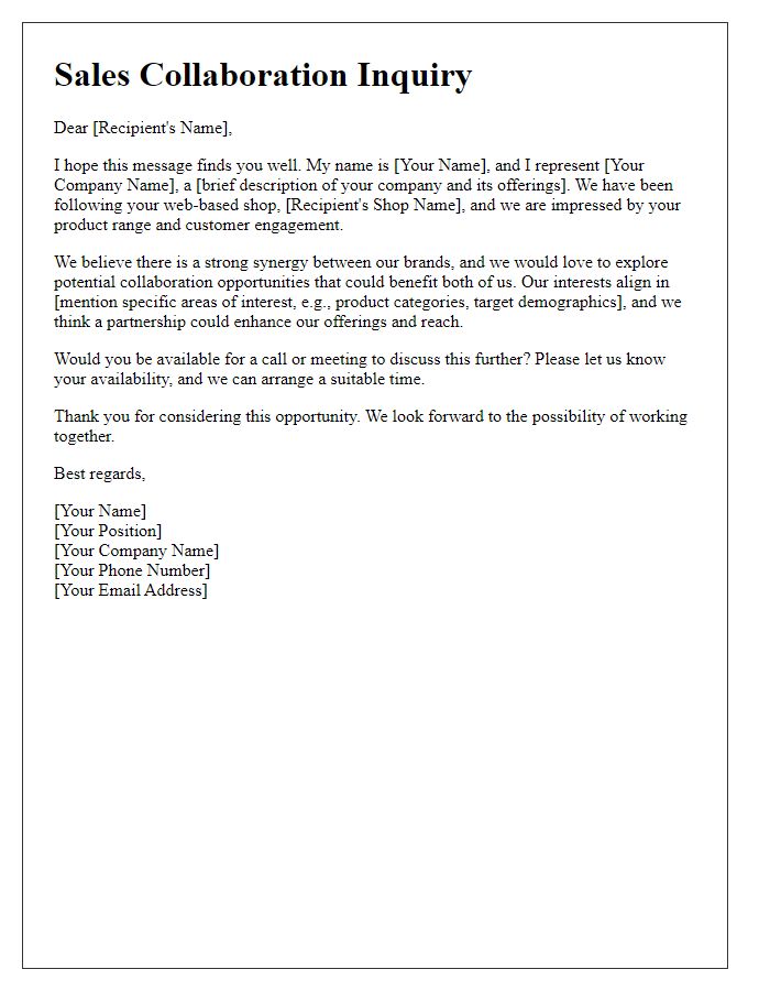 Letter template of sales collaboration inquiry for web-based shops