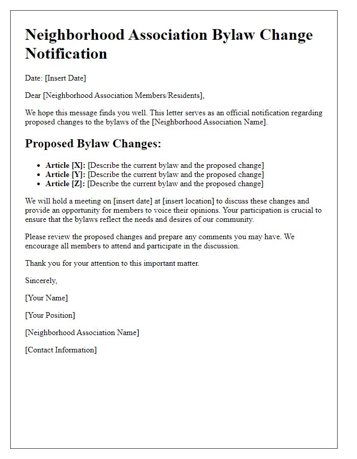 Letter template of neighborhood association bylaw change notification