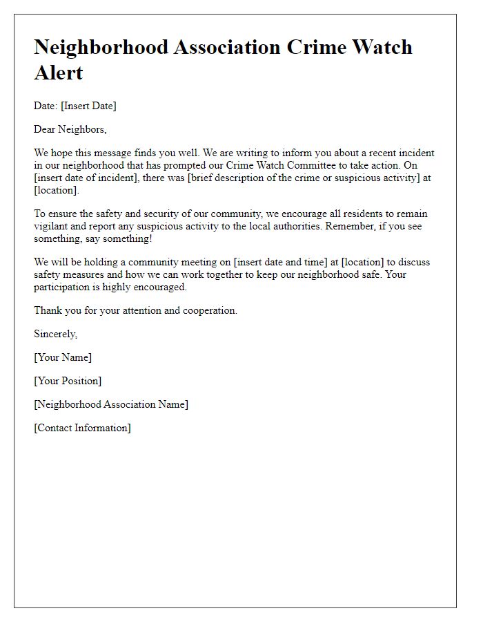 Letter template of neighborhood association crime watch alert