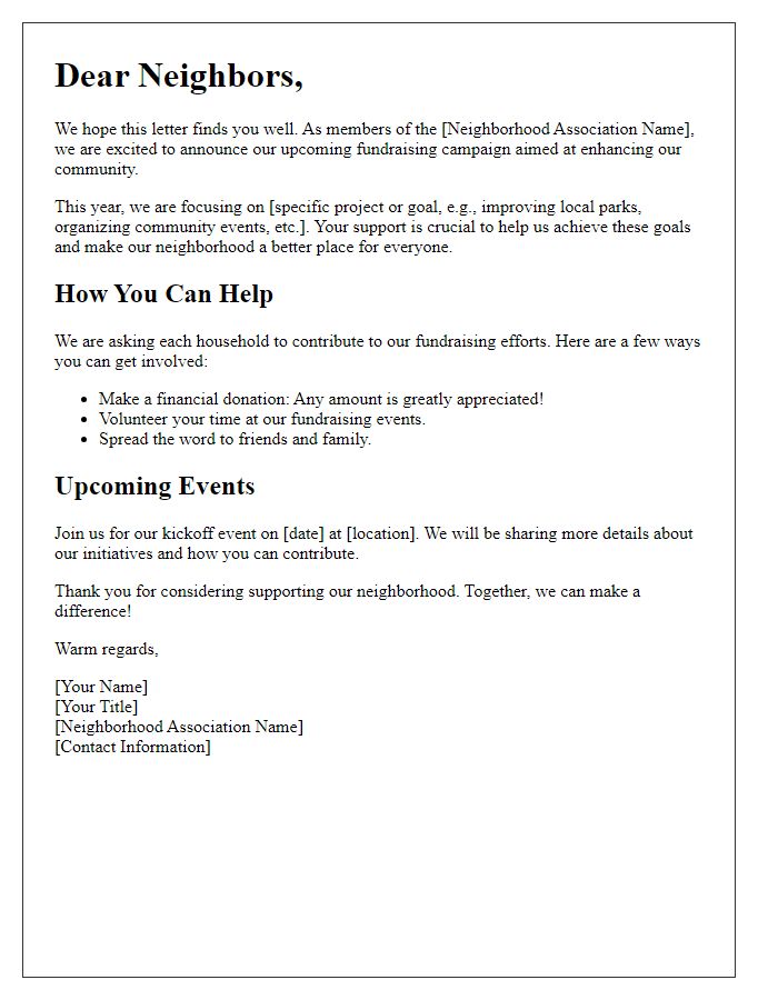 Letter template of neighborhood association fundraising campaign