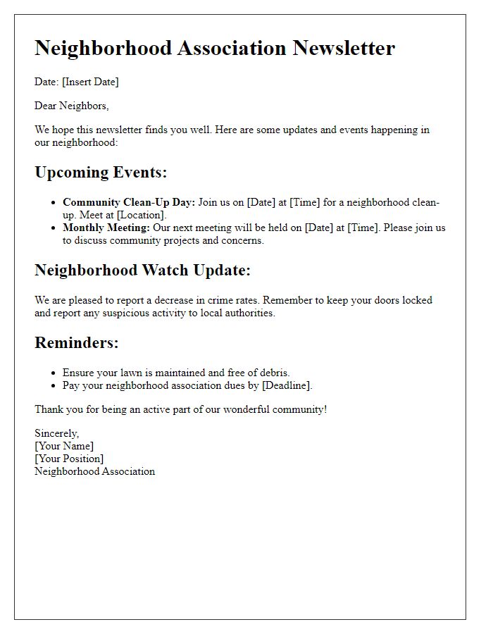 Letter template of neighborhood association newsletter update