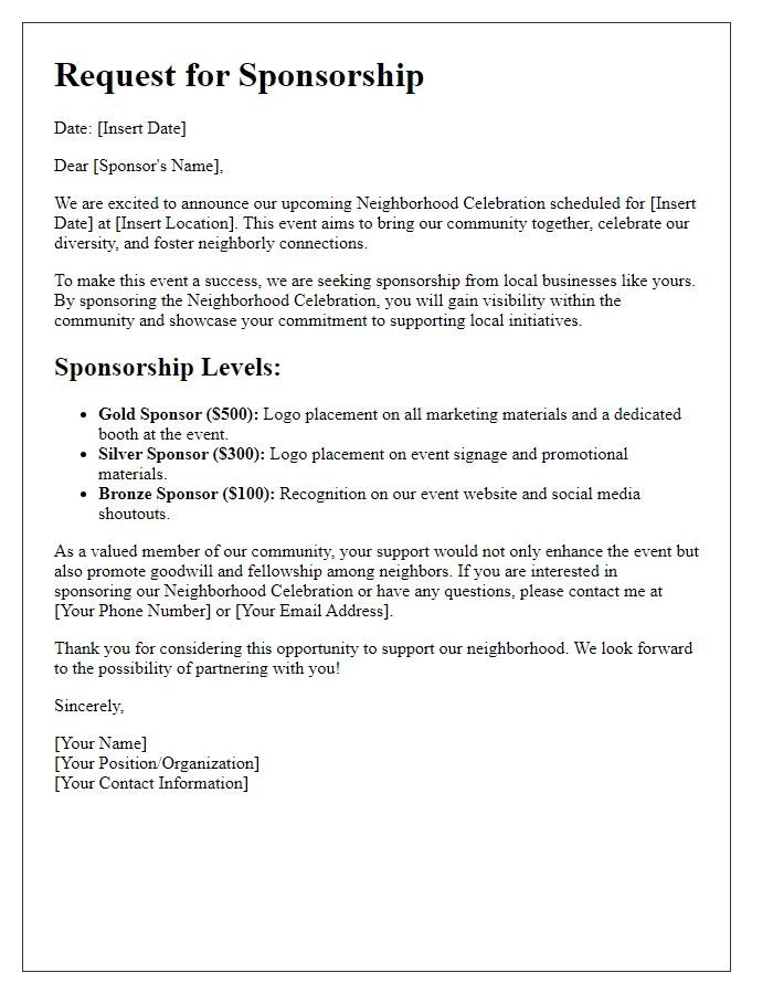 Letter template of sponsorship details for neighborhood celebration