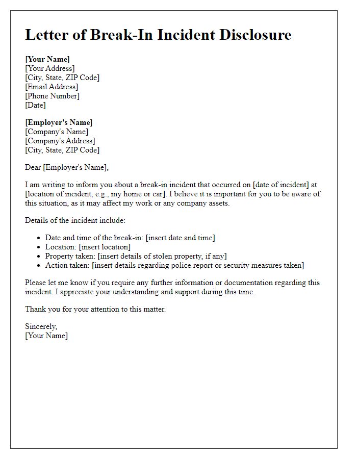 Letter template of break-in incident disclosure for employer