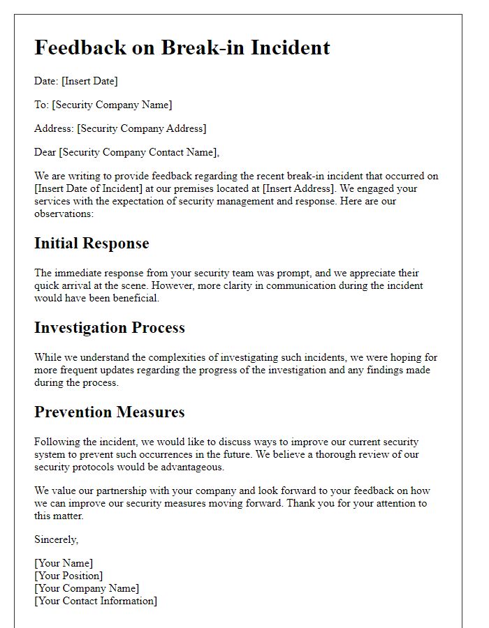 Letter template of break-in incident feedback to security company