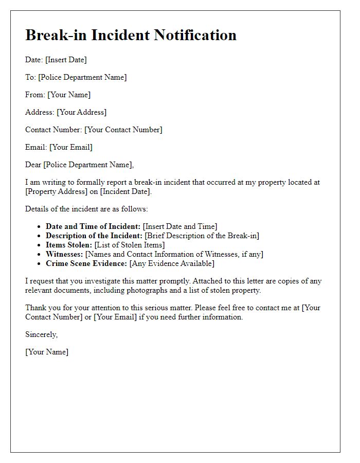 Letter template of break-in incident notification to police department