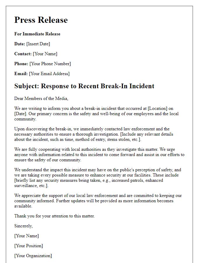 Letter template of break-in incident response to local media