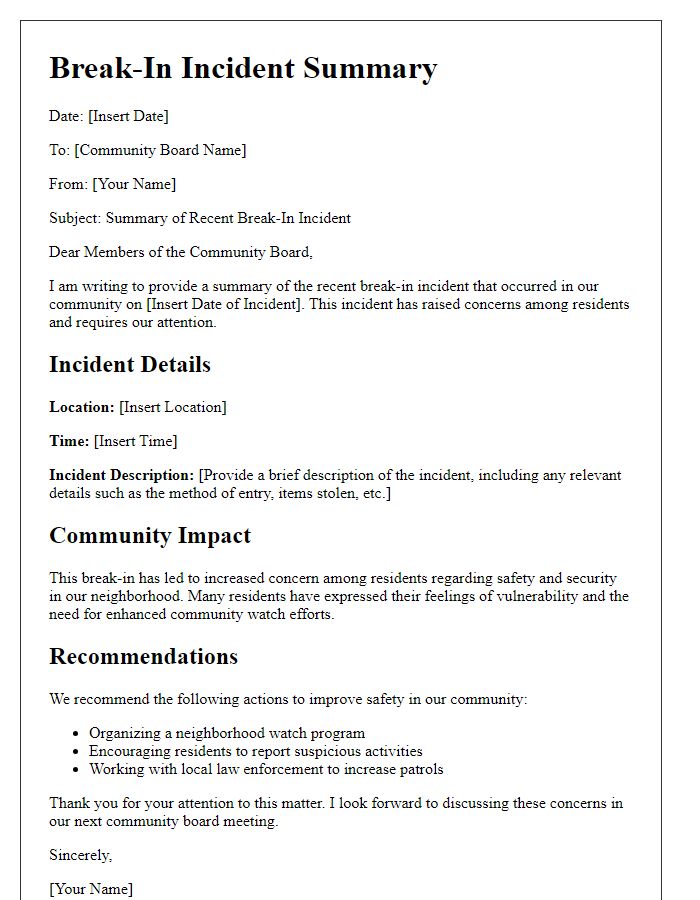 Letter template of break-in incident summary for community board