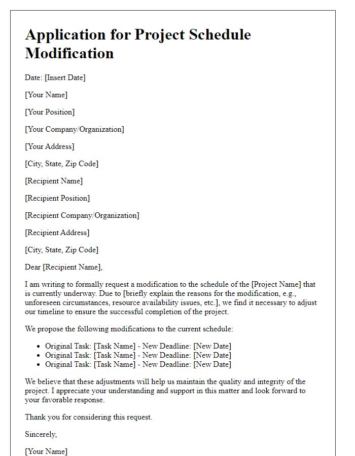 Letter template of application for project schedule modification