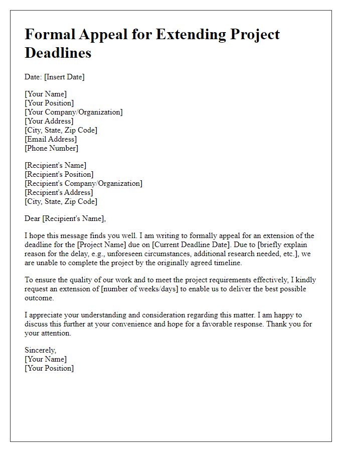 Letter template of formal appeal for extending project deadlines