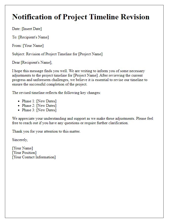 Letter template of notification for necessities of project timeline revision