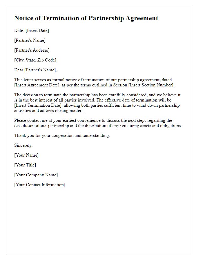 Letter template of notice for ending partnership agreement.