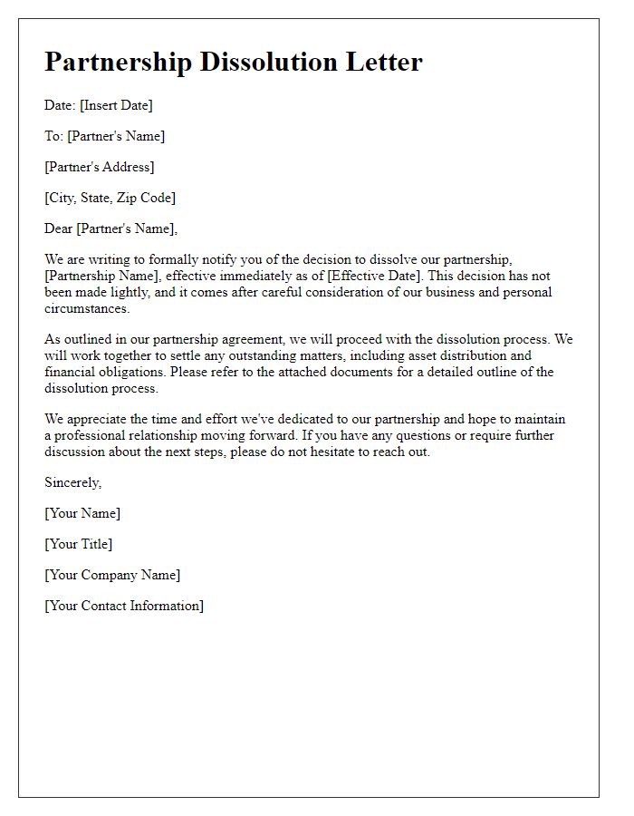 Letter template of official partnership dissolution letter.