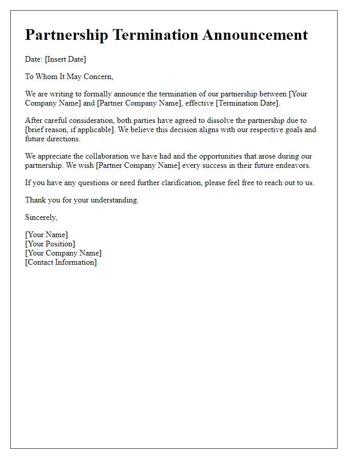 Letter template of partnership termination announcement.