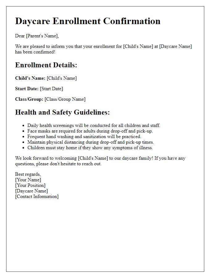 Letter template of daycare enrollment confirmation with health and safety guidelines