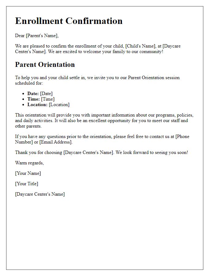 Letter template of daycare enrollment confirmation with parent orientation info