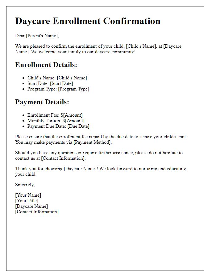 Letter template of daycare enrollment confirmation with payment details