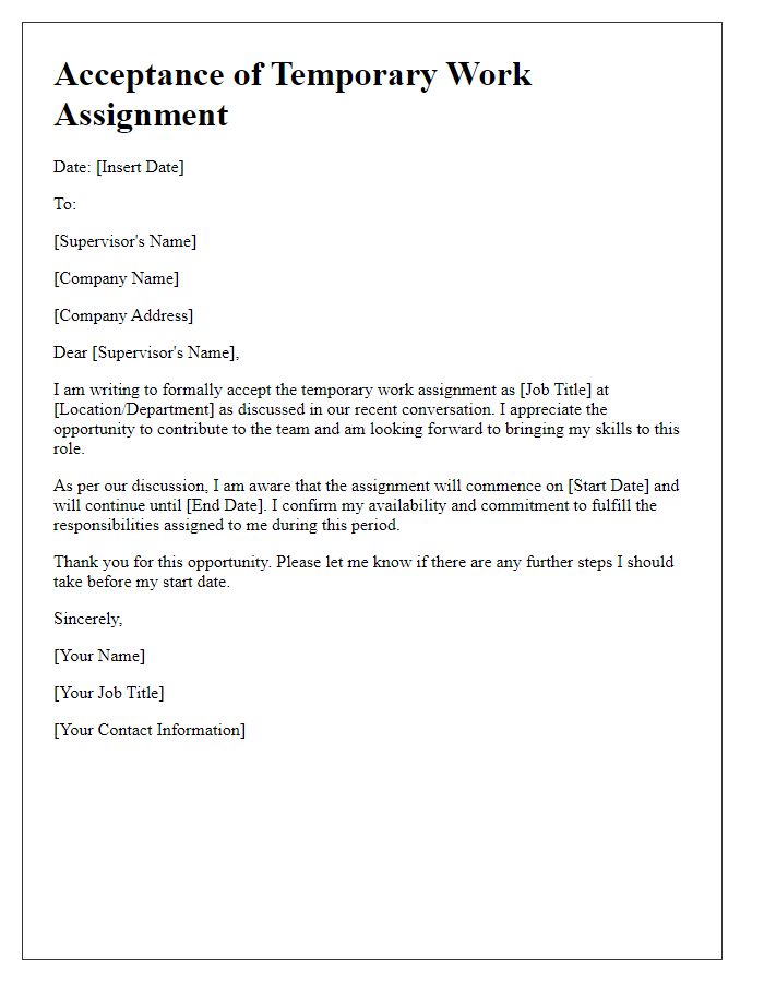 Letter template of acceptance for temporary work assignment