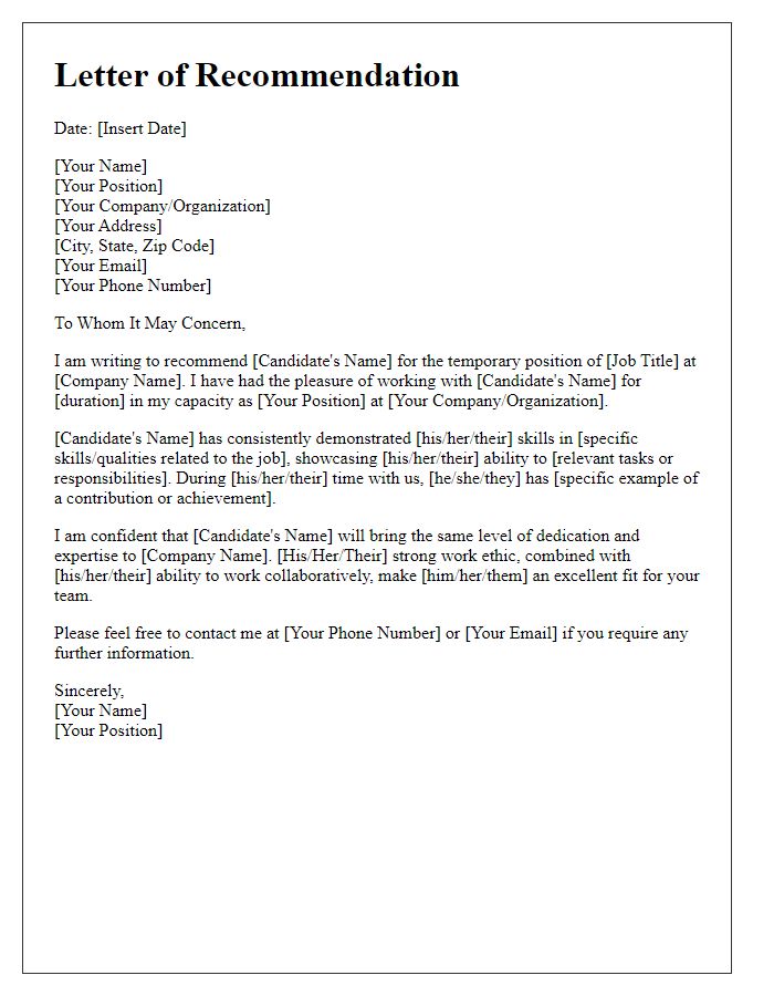 Letter template of recommendation for temporary position