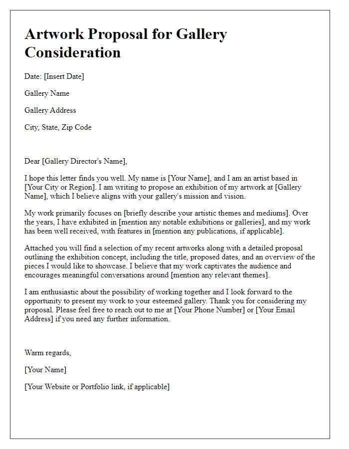 Letter template of artwork proposal for gallery consideration.