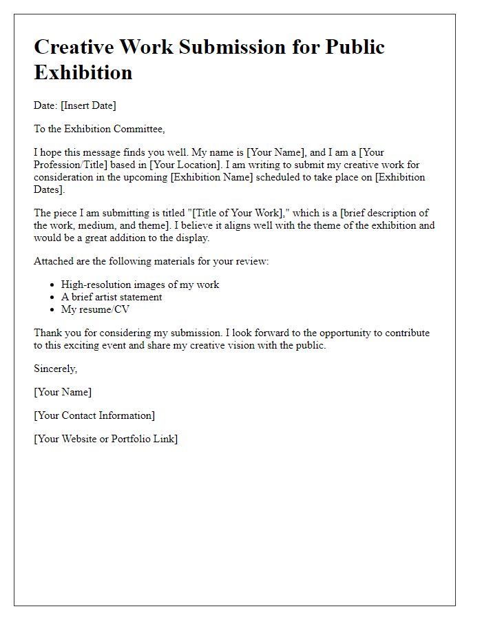 Letter template of creative work submission for public exhibition.