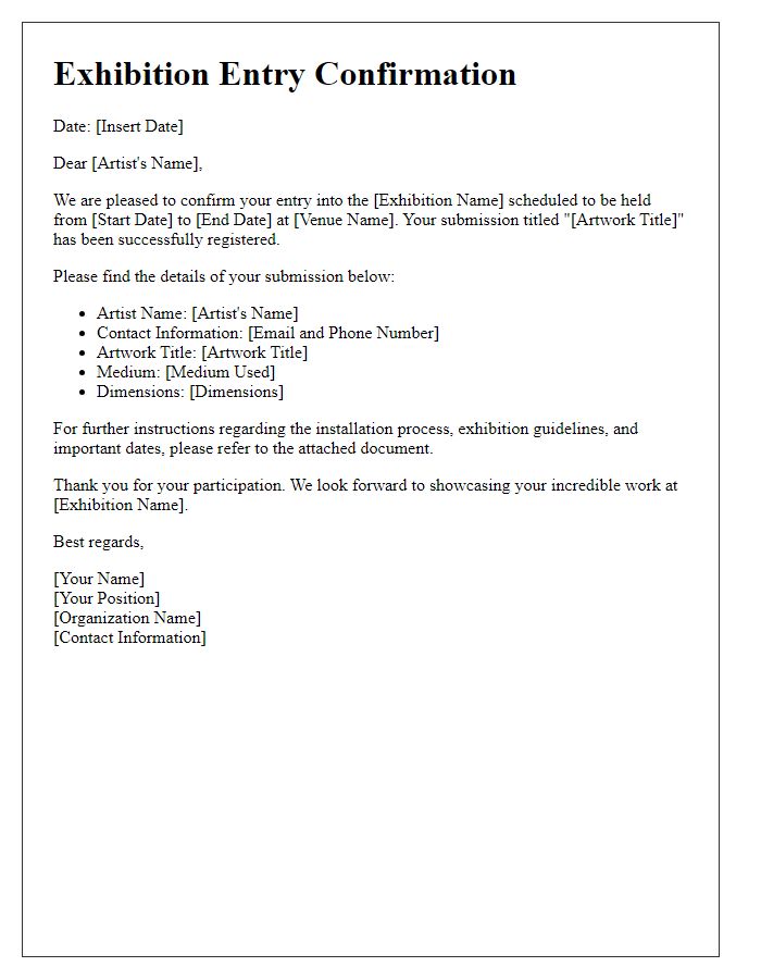 Letter template of exhibition entry for artists.