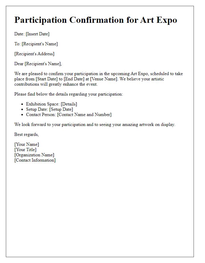 Letter template of participation in art expo.