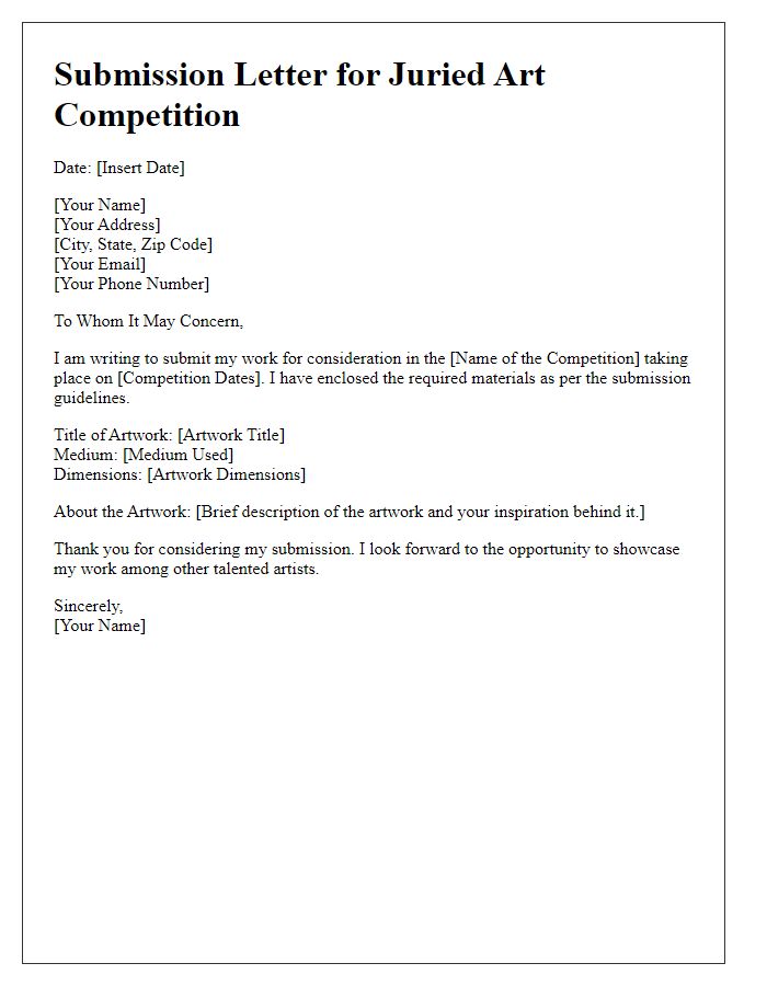 Letter template of submission for juried art competition.