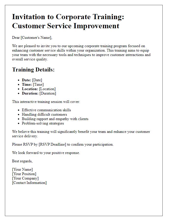 Letter template of corporate training invitation for customer service improvement.