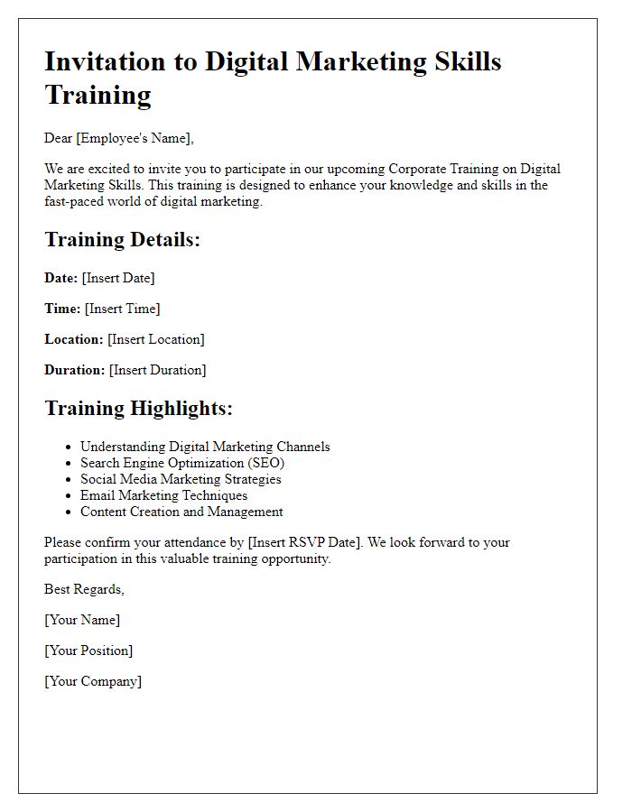 Letter template of corporate training invitation for digital marketing skills.